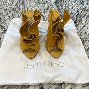 Jimmy Choo Yellow Suede Ruffle Slides